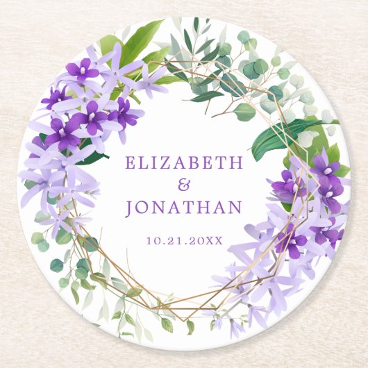 Paarse Bloemen Goud Lijst bruiloft Ronde Kartonnen Onderzetter (Voorkant)