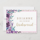 Paarse Bloemen & Goud wordt je mijn bruidsmeisje Kaart (Voorkant)