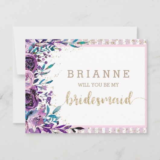 Paarse Bloemen & Goud wordt je mijn bruidsmeisje Kaart (Voorkant)