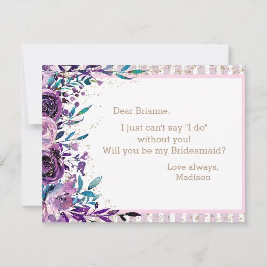 Paarse Bloemen & Goud wordt je mijn bruidsmeisje Kaart (Achterkant)