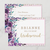 Paarse Bloemen & Goud wordt je mijn bruidsmeisje Kaart (Voorkant / Achterkant)