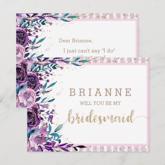 Paarse Bloemen & Goud wordt je mijn bruidsmeisje Kaart (Voorkant / Achterkant)