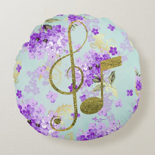  Paarse Bloemen Gouden Glitter Muziek Rond Kussen (Voorkant)