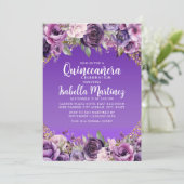 Paarse Bloemen Gouden Glitter Quinceañera Kaart (Staand voorkant)