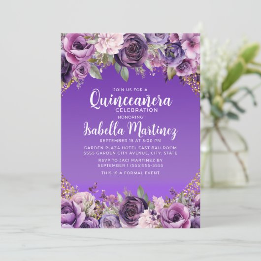 Paarse Bloemen Gouden Glitter Quinceañera Kaart (Staand voorkant)