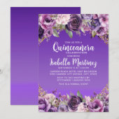 Paarse Bloemen Gouden Glitter Quinceañera Kaart (Voorkant / Achterkant)