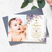 Paarse bloemen & gouden Lijst foto meisje doop Kaart