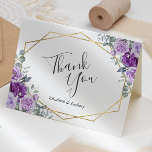 Paarse Bloemen Gouden Lijst Witte Huwelijk Bedankkaart