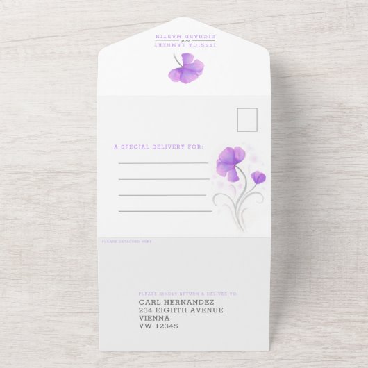 paarse bloemen grijs witte draf waterverf bruiloft all in one uitnodiging (Buitenkant)