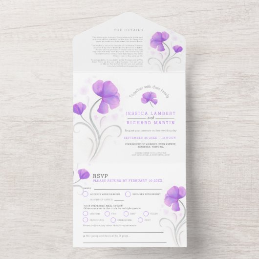 paarse bloemen grijs witte draf waterverf bruiloft all in one uitnodiging (Binnen)