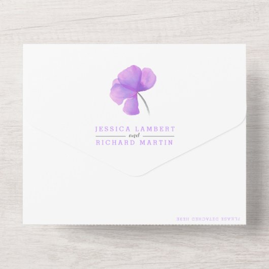 paarse bloemen grijs witte draf waterverf bruiloft all in one uitnodiging (Achterkant)