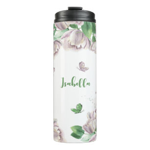 paarse bloemen groen blad vlinders thermosbeker