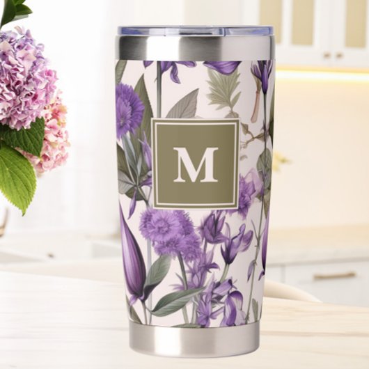Paarse bloemen groen botanisch monogram geïsoleerde drinkbeker