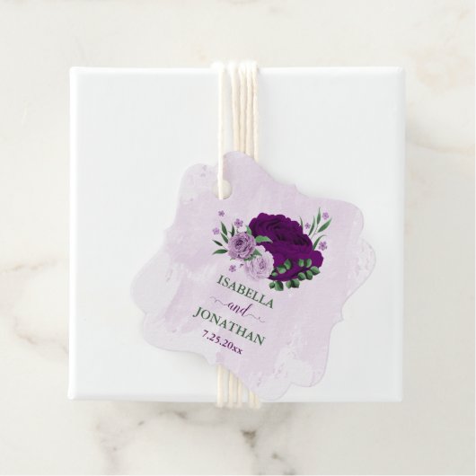 Paarse bloemen groen bruiloft bedankjes labels (In situ)
