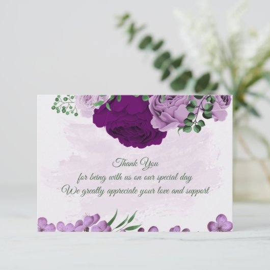 Paarse bloemen groen bruiloft bedankkaart (Staand voorkant)