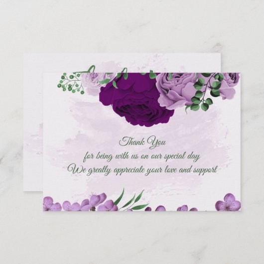 Paarse bloemen groen bruiloft bedankkaart (Voorkant / Achterkant)