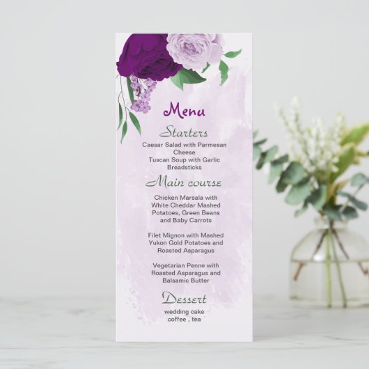 Paarse bloemen groen bruiloft menu (Staand voorkant)