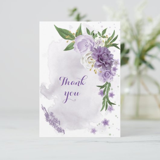 paarse bloemen groen goud bedankkaart (Staand voorkant)