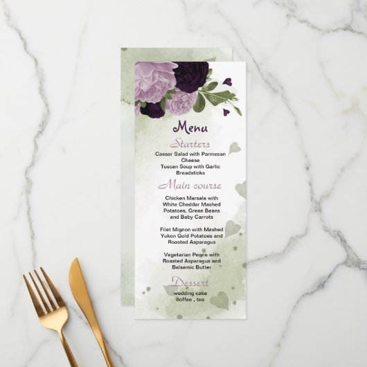 paarse bloemen groen trouwmenu menu (Voorkant / Achterkant in situ)