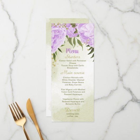 paarse bloemen groen voor bruiloft menu (Voorkant / Achterkant in situ)