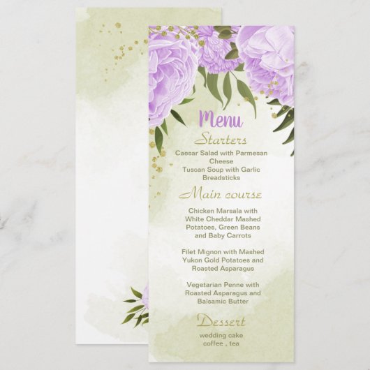 paarse bloemen groen voor bruiloft menu (Voorkant / Achterkant)