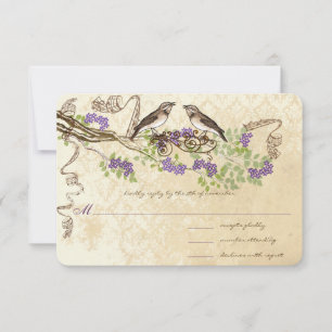 Paarse Bloemen Groene Blad Vintage Vogel Trouw RSV RSVP Kaartje