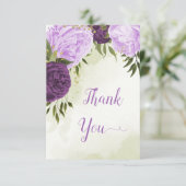 paarse bloemen groene bladeren bruiloft bedankkaart (Staand voorkant)