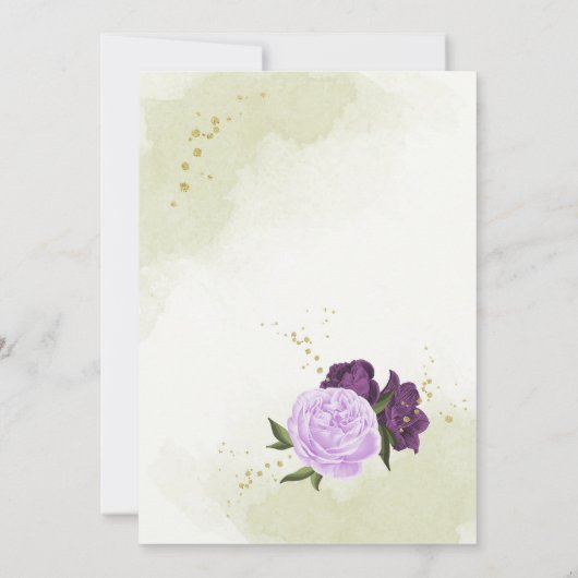 paarse bloemen groene bladeren bruiloft kaart (Achterkant)