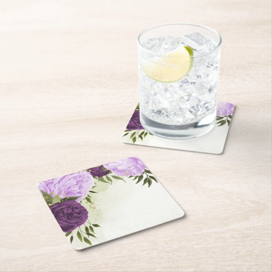 paarse bloemen groene bladeren bruiloft kartonnen onderzetters (Insitu)