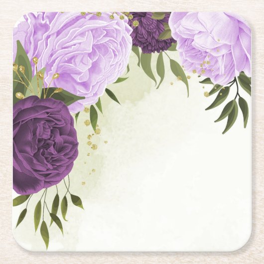 paarse bloemen groene bladeren bruiloft kartonnen onderzetters (Voorkant)