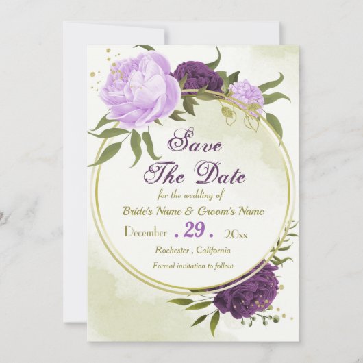 Paarse bloemen groene bladeren save the date (Voorkant)