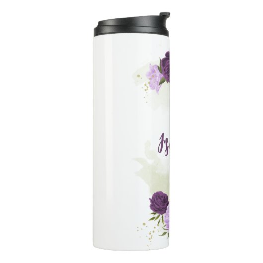 Paarse bloemen groene bladeren thermosbeker (Gedraaid links)