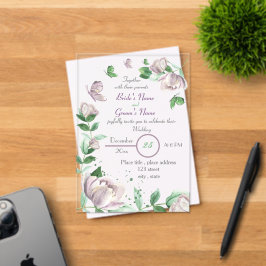 paarse bloemen groene bladeren vlinders bruiloft acryl uitnodigingen