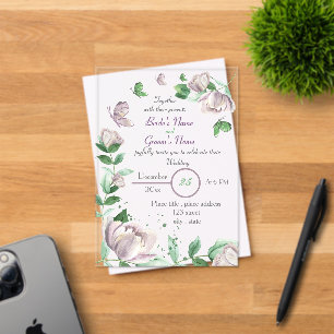 paarse bloemen groene bladeren vlinders bruiloft acryl uitnodigingen