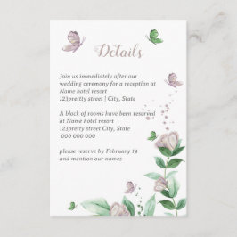 paarse bloemen groene bladeren vlinders bruiloft informatiekaartje