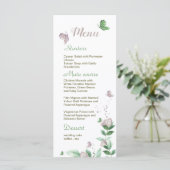 paarse bloemen groene bladeren vlinders bruiloft menu (Staand voorkant)