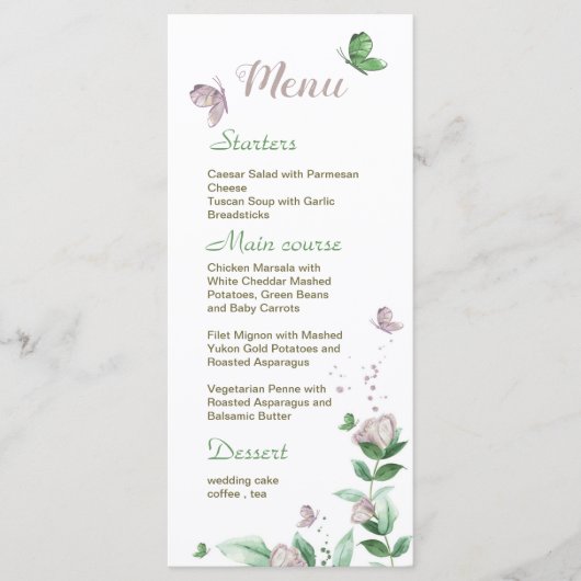 paarse bloemen groene bladeren vlinders bruiloft menu (Voorkant)