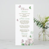paarse bloemen groene bladeren vlinders bruiloft menu (Staand voorkant)