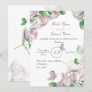 Paarse bloemen groene bladeren vlinders in bruilof kaart