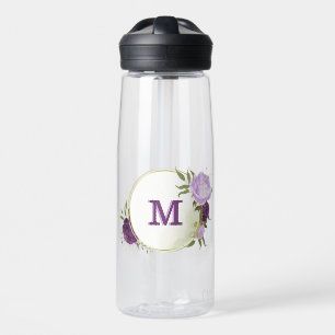 paarse bloemen groene bladeren waterfles
