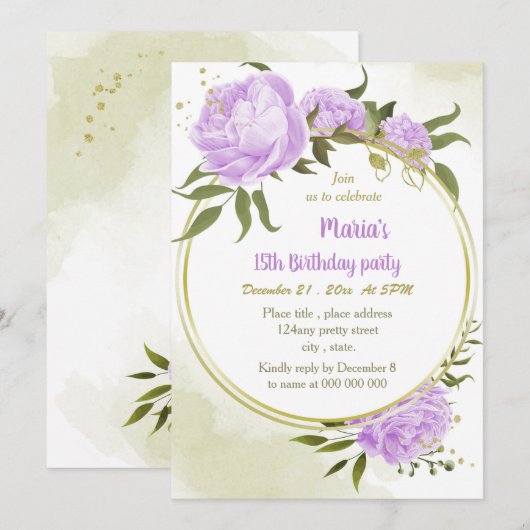 paarse bloemen groenery met verjaardagsfeest kaart (Voorkant / Achterkant)