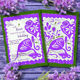 Paarse Bloemen Hart Papel Picado Mexicaanse bruilo Kaart