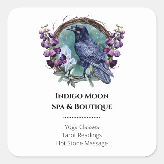 Paarse bloemen hemelse raven kristallen krans vierkante sticker (Voorkant)