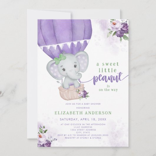 Paarse Bloemen Hete Luchtballon Olifant Baby showe Kaart (Voorkant)