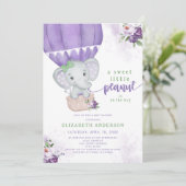 Paarse Bloemen Hete Luchtballon Olifant Baby showe Kaart (Staand voorkant)