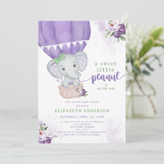 Paarse Bloemen Hete Luchtballon Olifant Baby showe Kaart (Staand voorkant)
