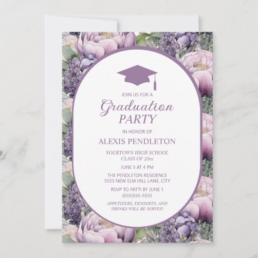 Paarse Bloemen High School Afstuderen Cap Kaart (Voorkant)