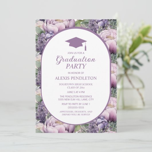 Paarse Bloemen High School Afstuderen Cap Kaart (Staand voorkant)