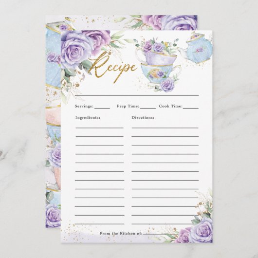 Paarse Bloemen High Tea Party Breng Recept Kaart (Voorkant / Achterkant)