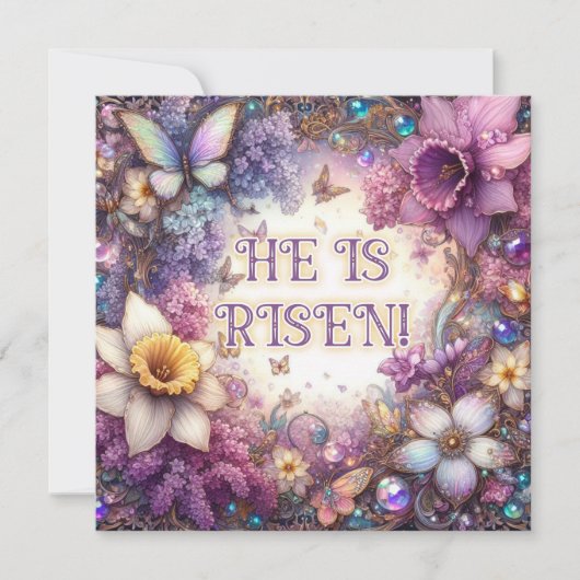 Paarse bloemen Hij is verrezen vlinders Pasen Feestdagenkaart (Voorkant)